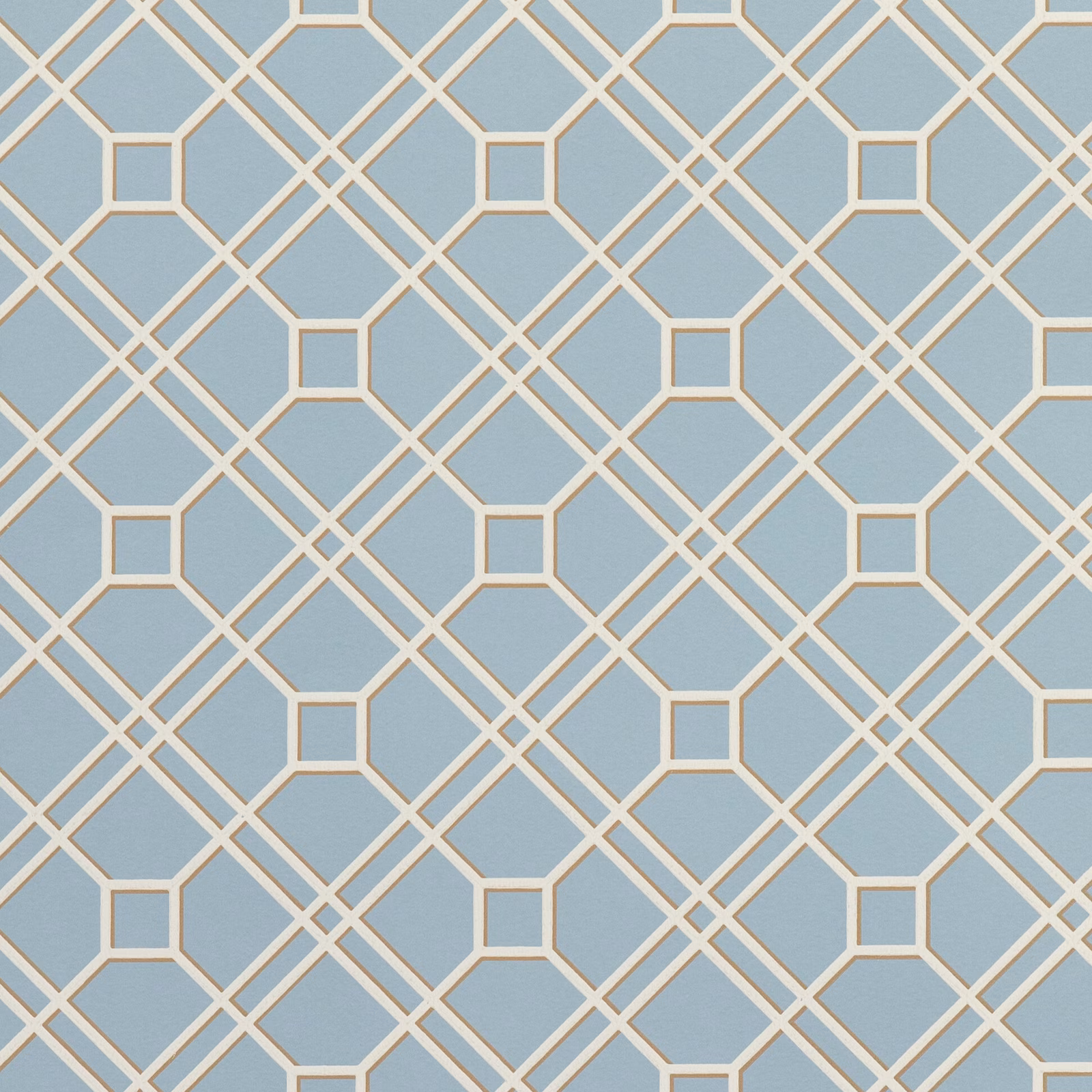Soft blue wallpaper with cream and beige geometric trellis lines