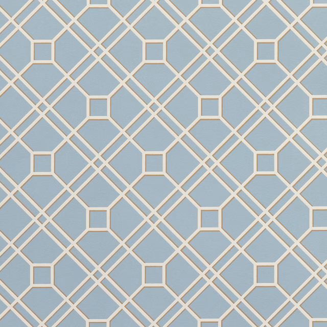 Soft blue wallpaper with cream and beige geometric trellis lines