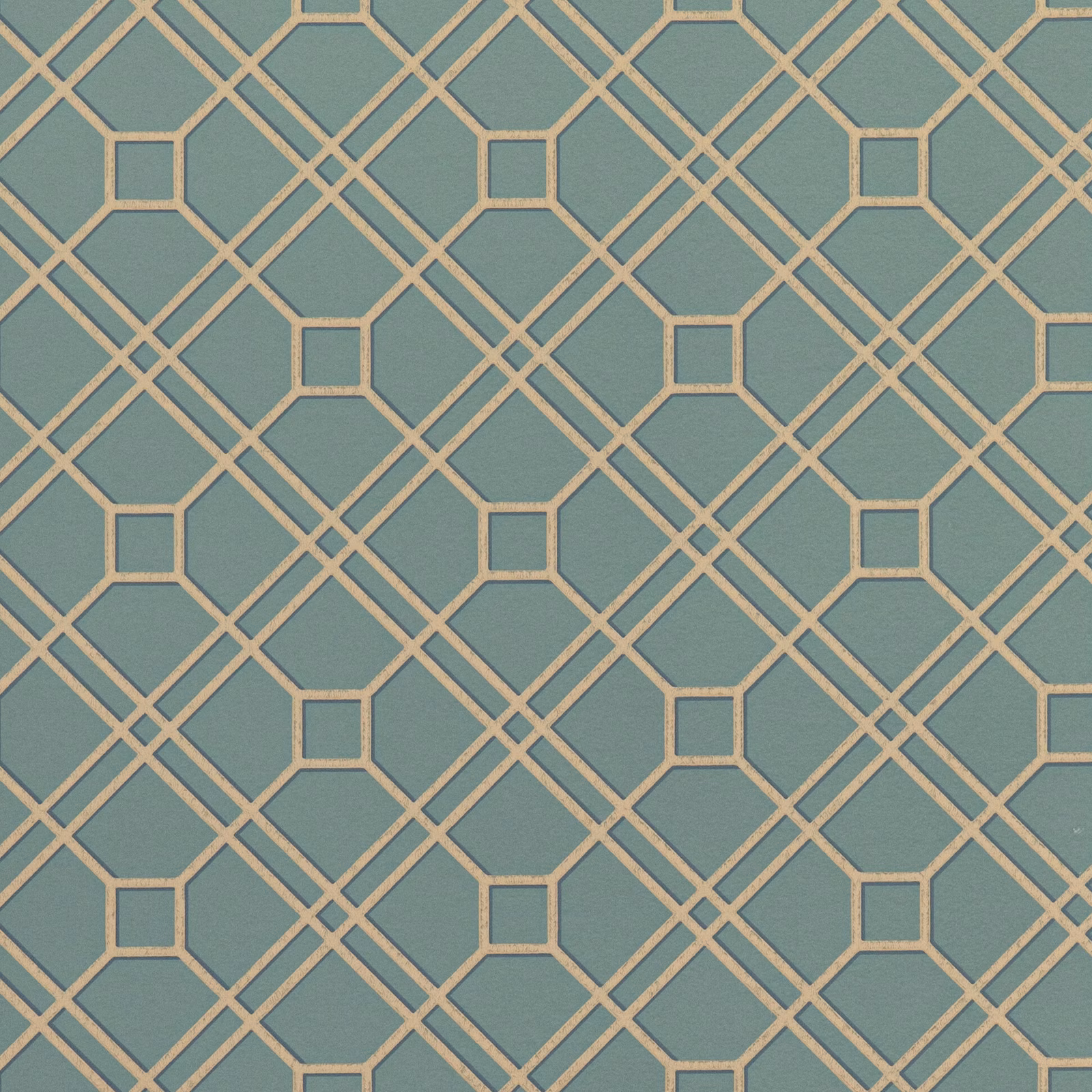 Muted teal wallpaper with bronze interlocking trellis diamonds, octagons and squares