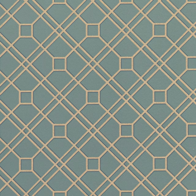 Muted teal wallpaper with bronze interlocking trellis diamonds, octagons and squares