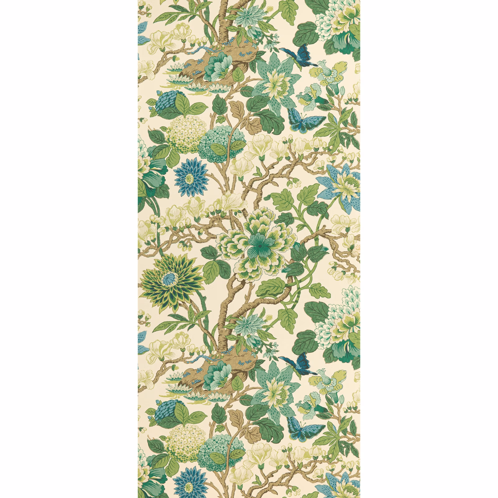 Emerald and teal botanical branches with blue flowers on a cream ground
