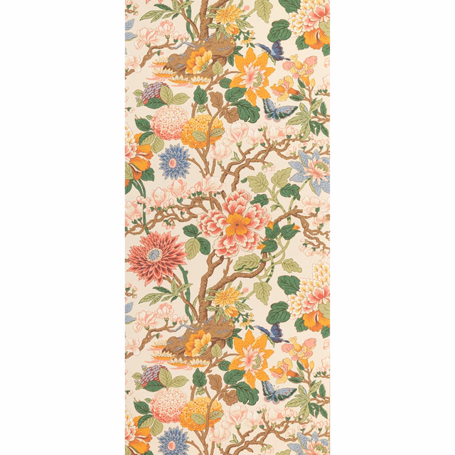 Warm cream wallpaper with pink, orange and blue flowers among branching greenery