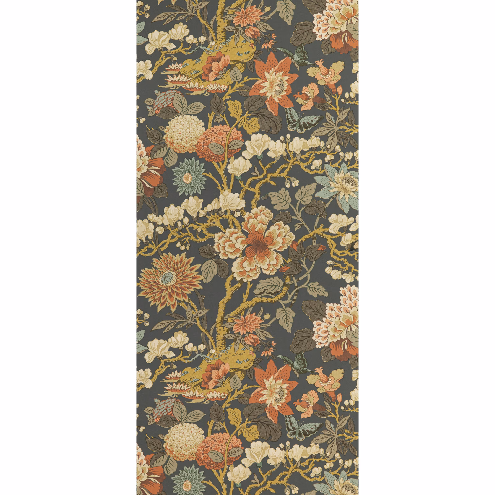 Charcoal wallpaper with rust, cream and sage flowers on scrolling botanical stems