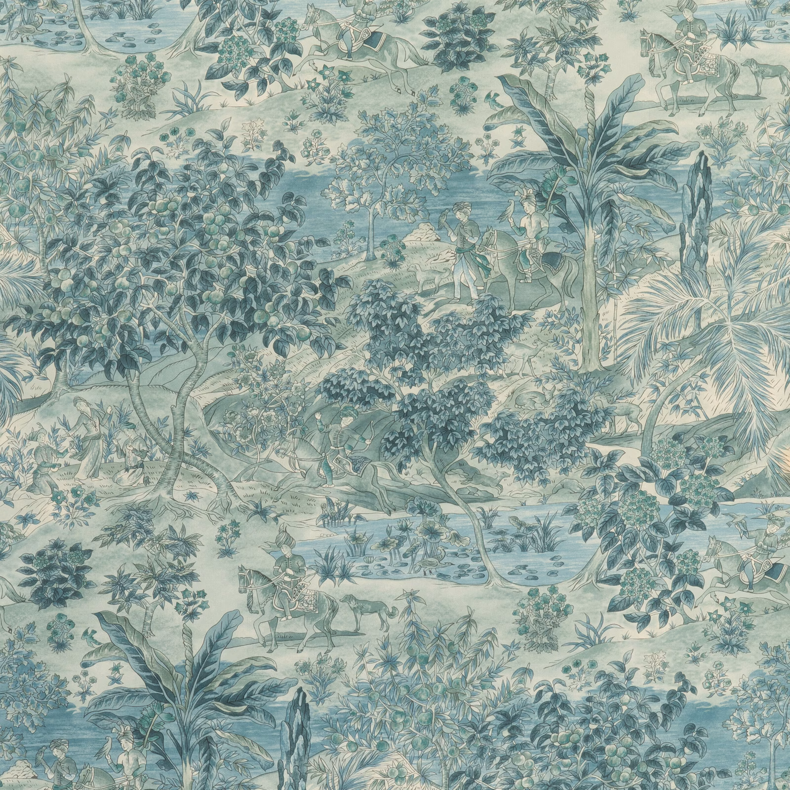 Pale blue-green scenic wallpaper with palms, jungle foliage, figures and grazing deer
