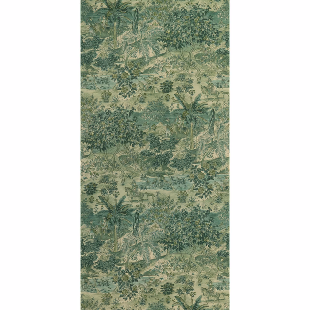 Muted emerald wallpaper with layered palms, jungle foliage and sandy botanical highlights