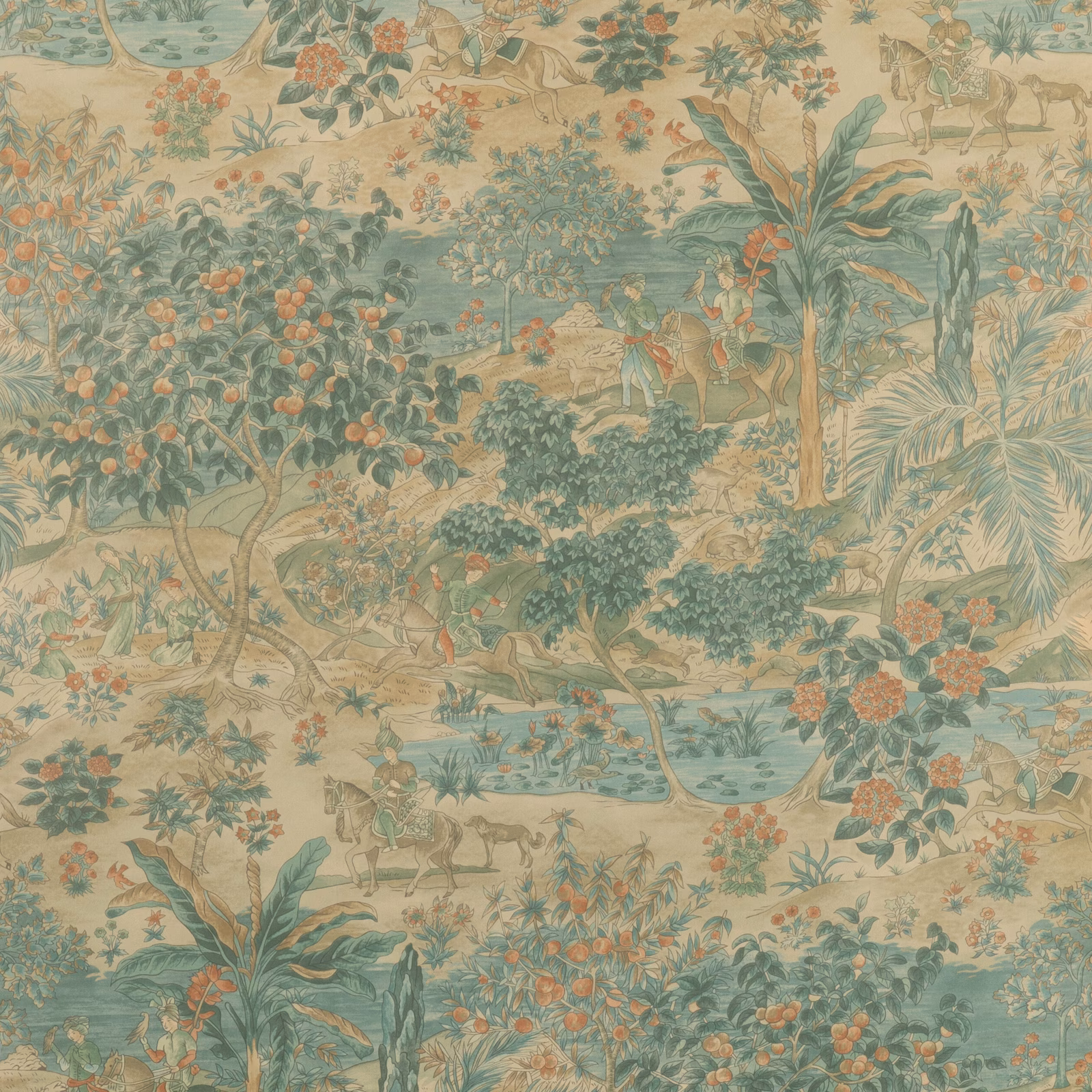Muted sage scenic wallpaper with coral flowers, palms, figures, deer and blue-green water