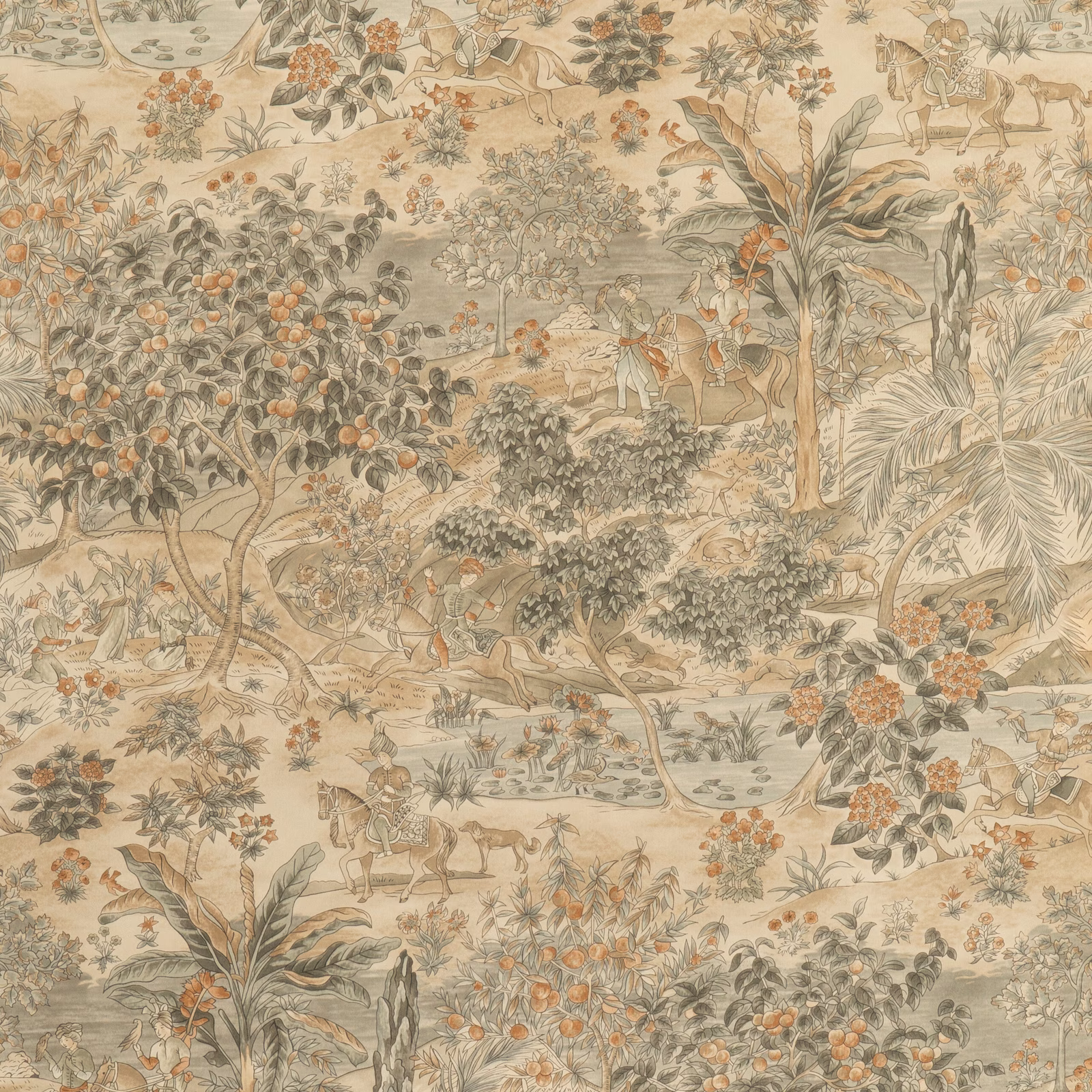 Muted taupe scenic wallpaper with deer, palms, fruiting branches and terracotta flowers.