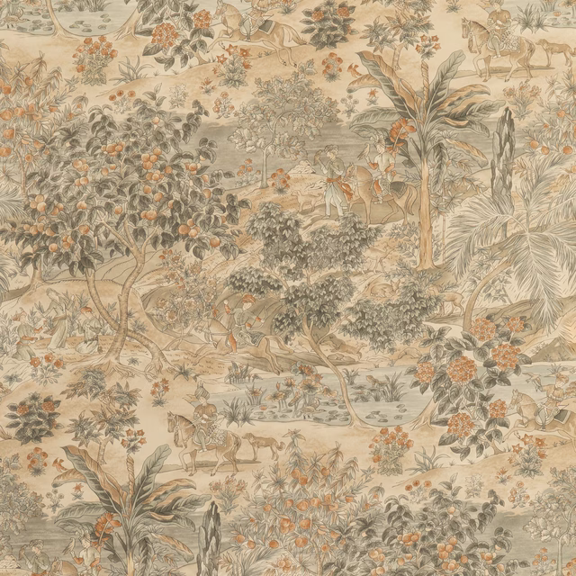 Muted taupe scenic wallpaper with deer, palms, fruiting branches and terracotta flowers.