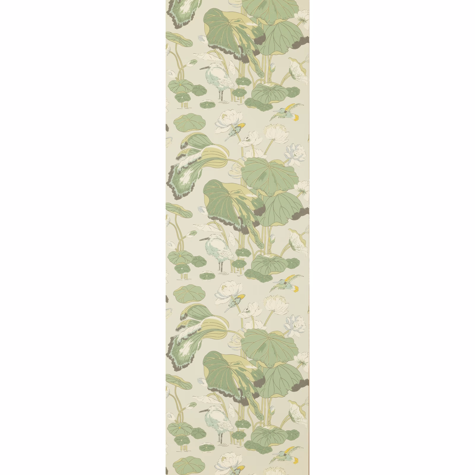 Pale sage botanical wallpaper with broad leaves, white blooms and olive stems