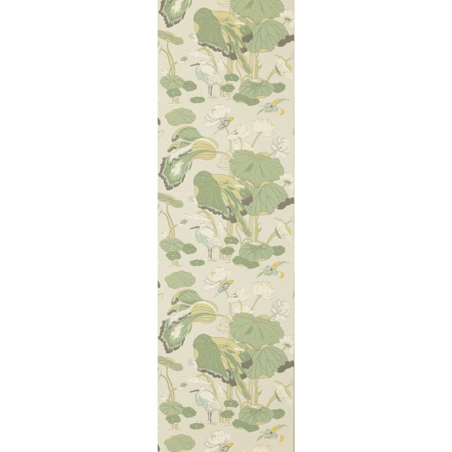 Pale sage botanical wallpaper with broad leaves, white blooms and olive stems