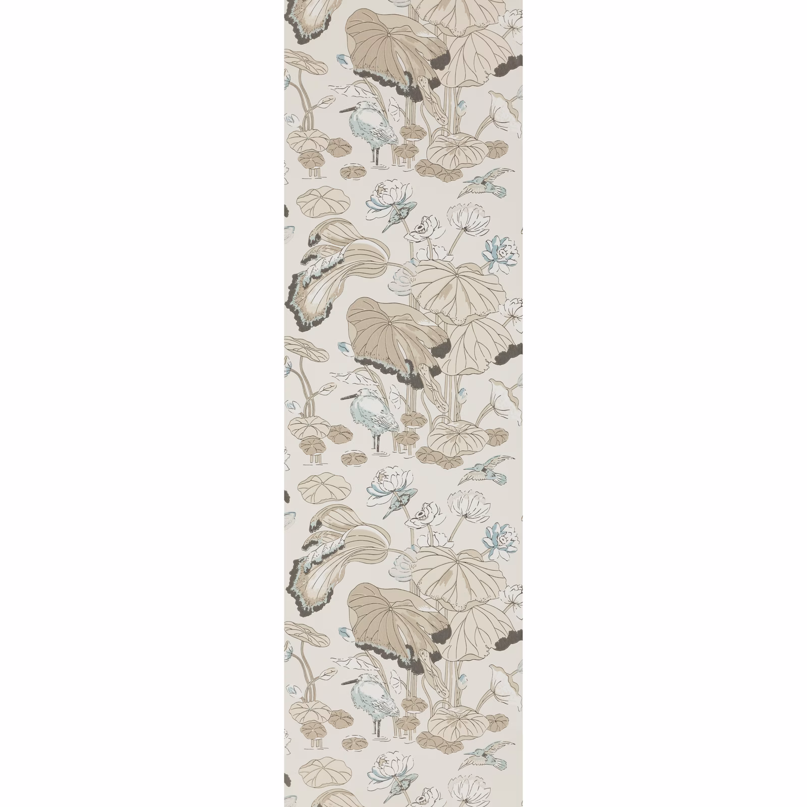 Ivory botanical wallpaper with taupe leaves, sage sprigs and blue-grey flowers