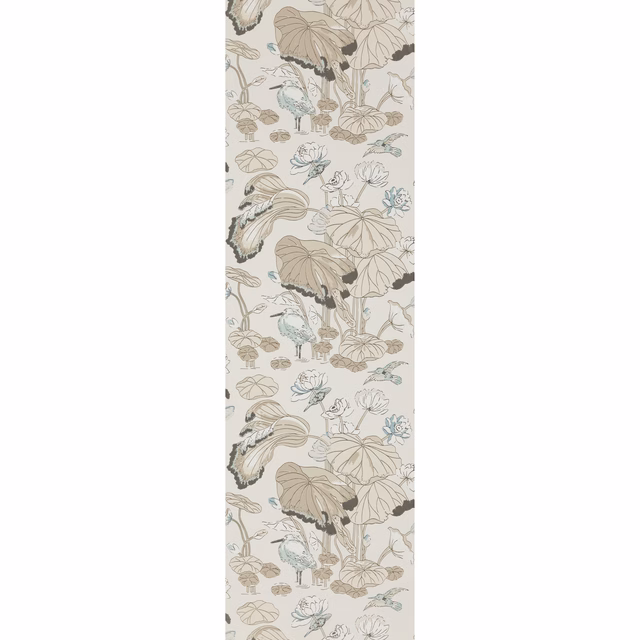 Ivory botanical wallpaper with taupe leaves, sage sprigs and blue-grey flowers