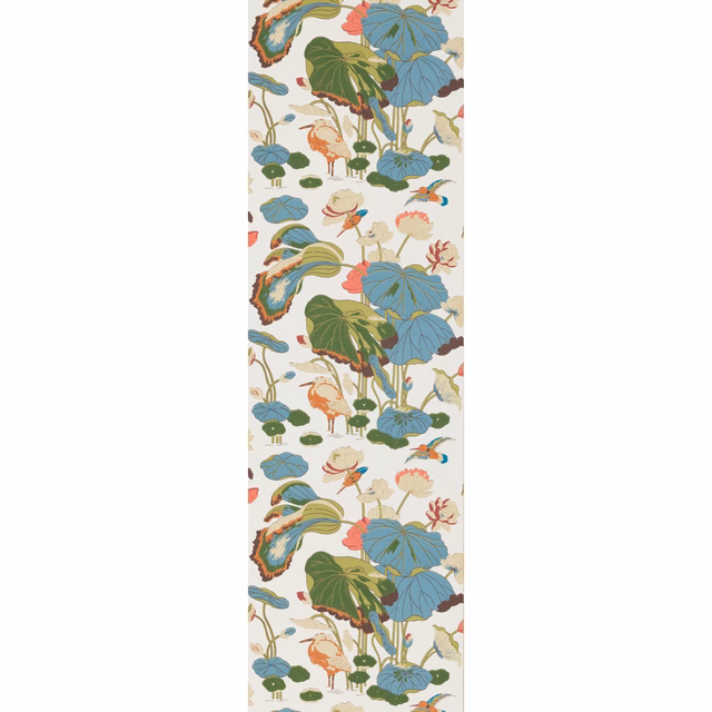 Cream botanical wallpaper with blue and green leaves, coral flowers and illustrated birds