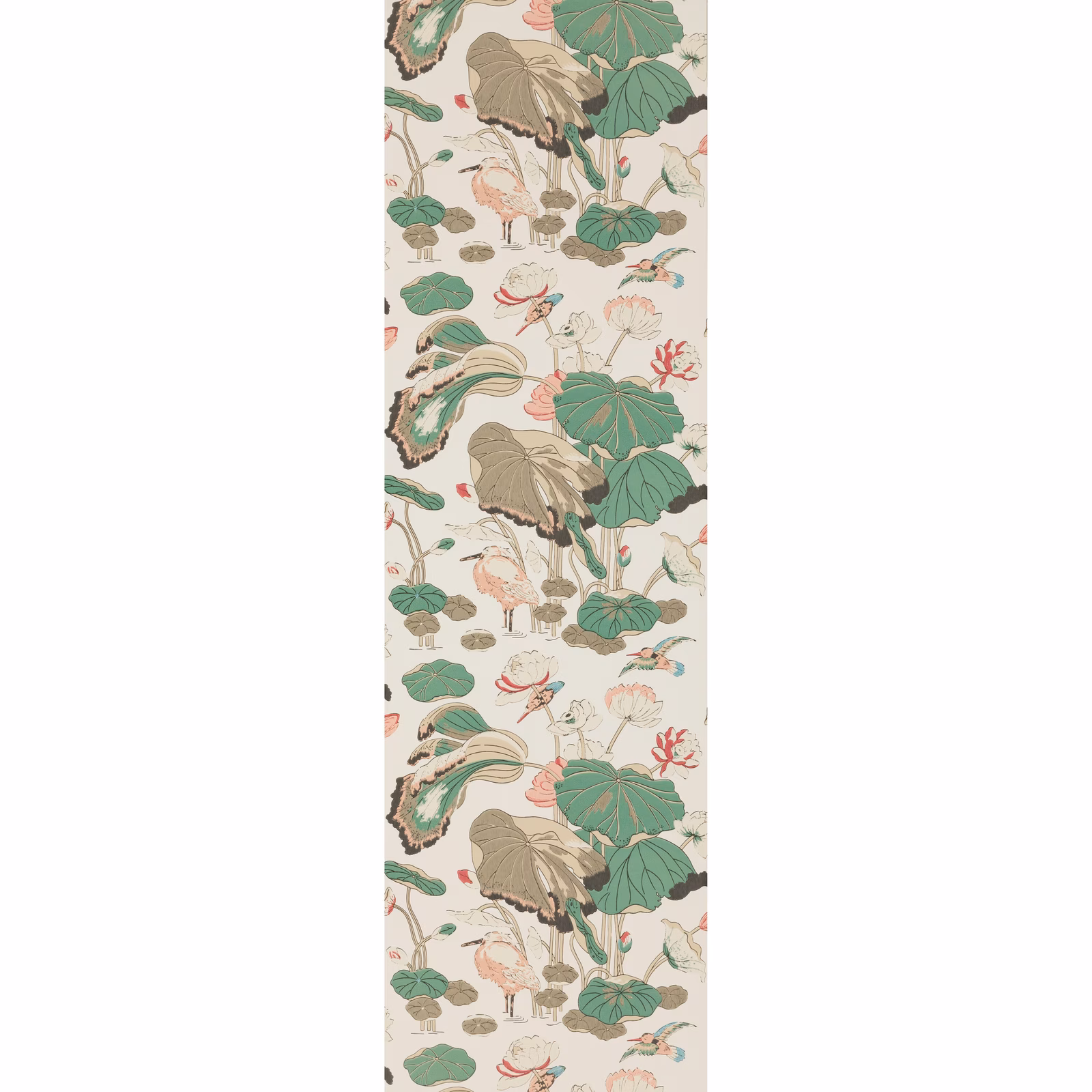 Soft blush wallpaper with sage foliage, birds and delicate coral botanical accents