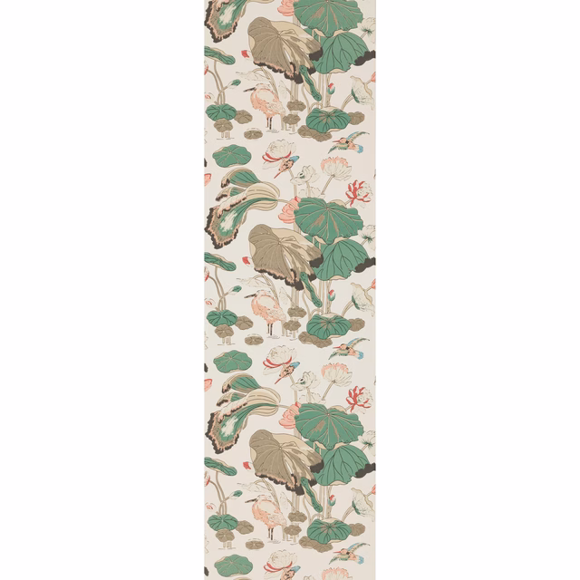 Soft blush wallpaper with sage foliage, birds and delicate coral botanical accents