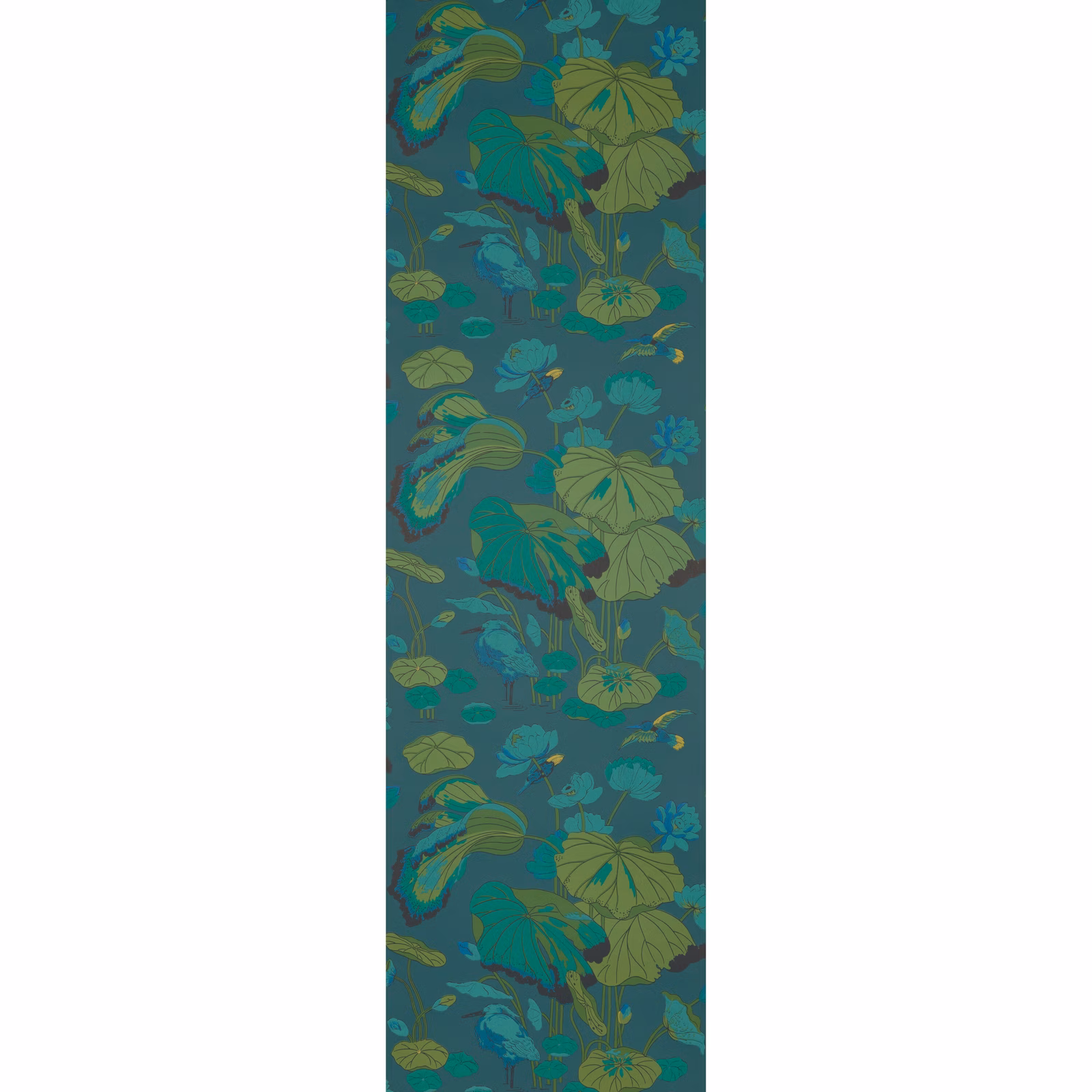 Deep teal wallpaper with olive leaves and blue botanical flowers in repeat