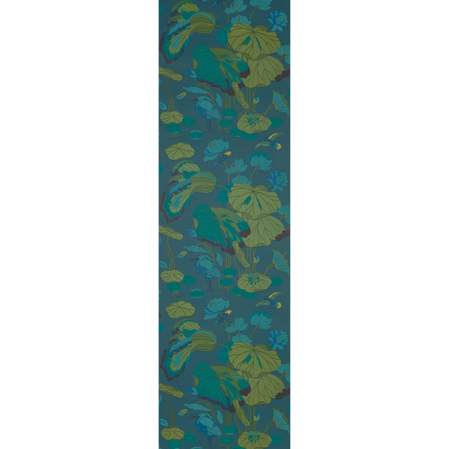 Deep teal wallpaper with olive leaves and blue botanical flowers in repeat