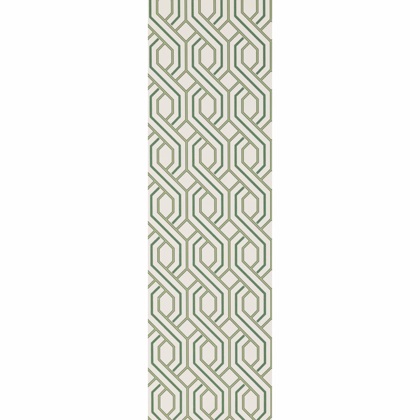 Soft sage interlocking octagons and fine taupe lines on an ivory wallpaper ground