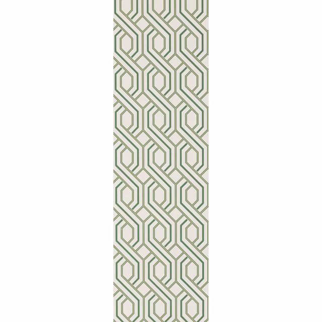 Soft sage interlocking octagons and fine taupe lines on an ivory wallpaper ground