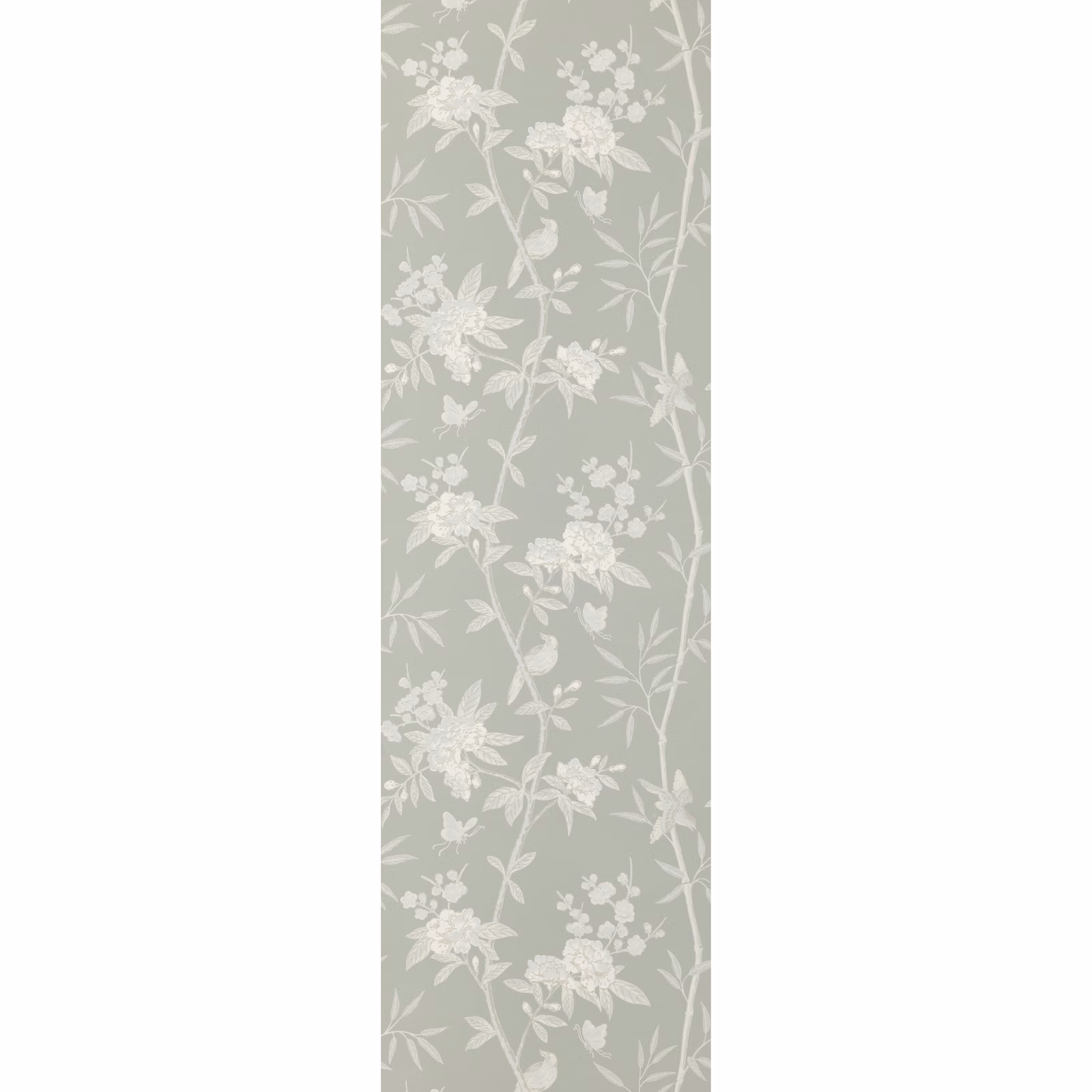 Muted blue-grey wallpaper with white flowering branches and leafy botanical sprays