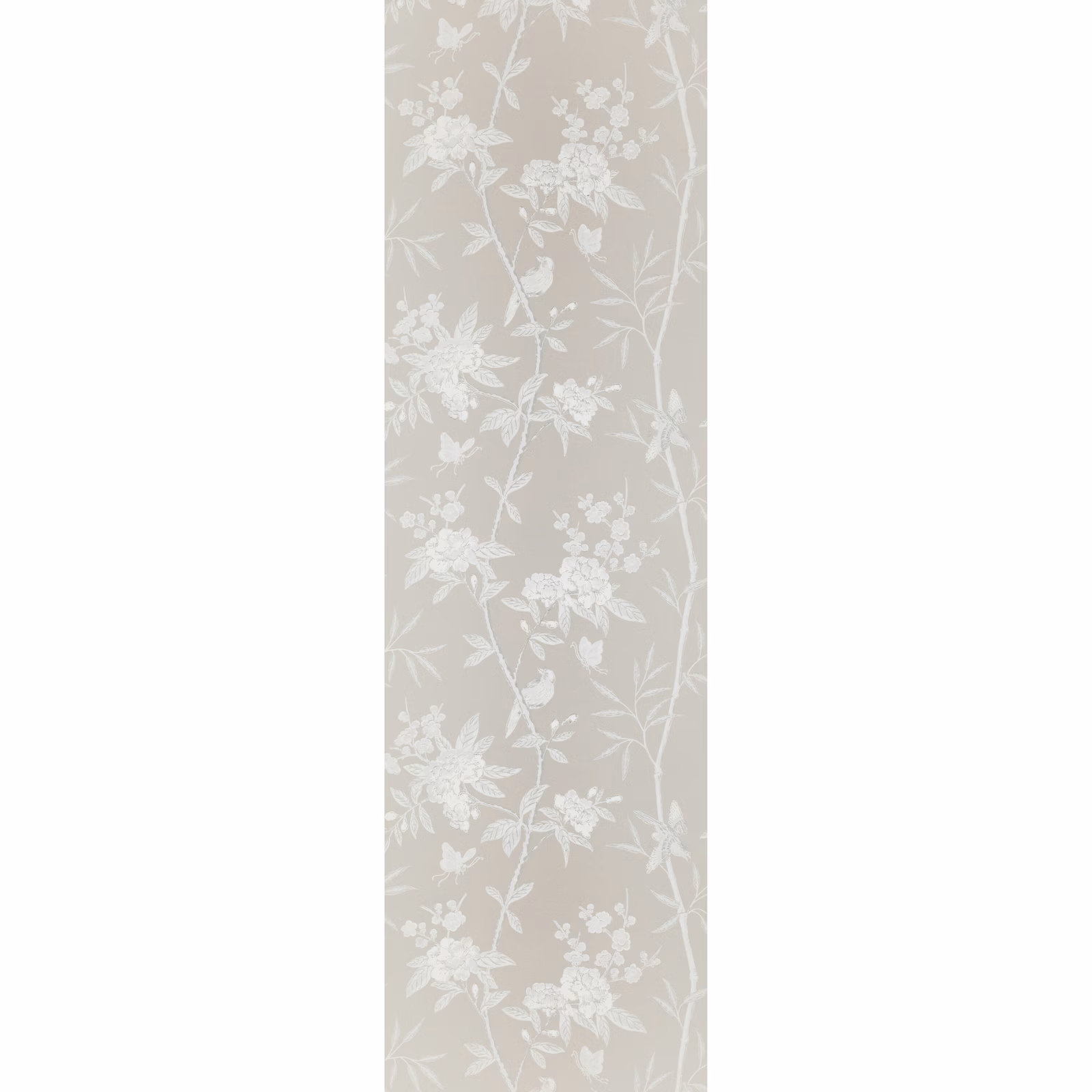 Soft warm grey wallpaper with white peony blossoms and trailing leafy stems