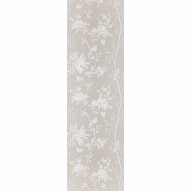 Soft warm grey wallpaper with white peony blossoms and trailing leafy stems