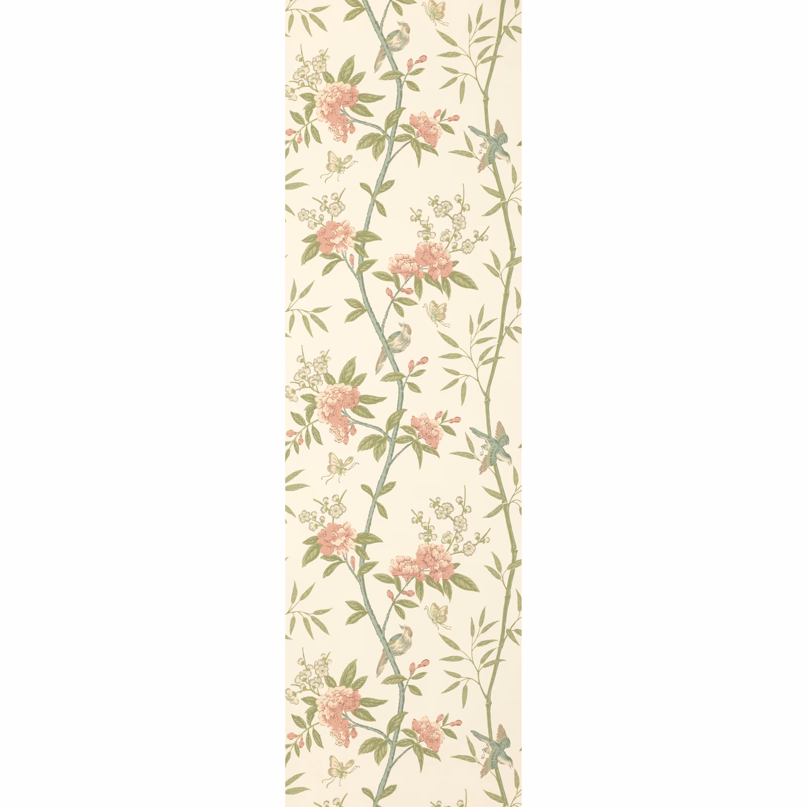 Ivory wallpaper with blush peonies, sage climbing stems and delicate botanical sprays