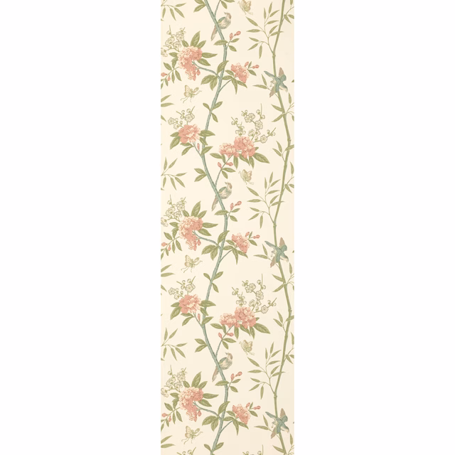 Ivory wallpaper with blush peonies, sage climbing stems and delicate botanical sprays