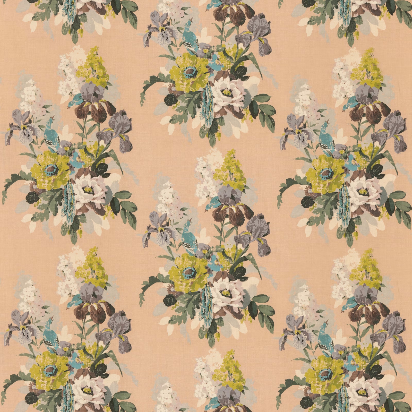 Muted blush linen with painterly floral bouquets in olive, lilac, cream and teal