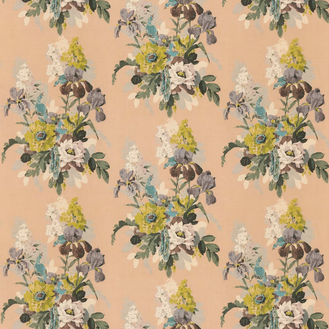 Muted blush linen with painterly floral bouquets in olive, lilac, cream and teal