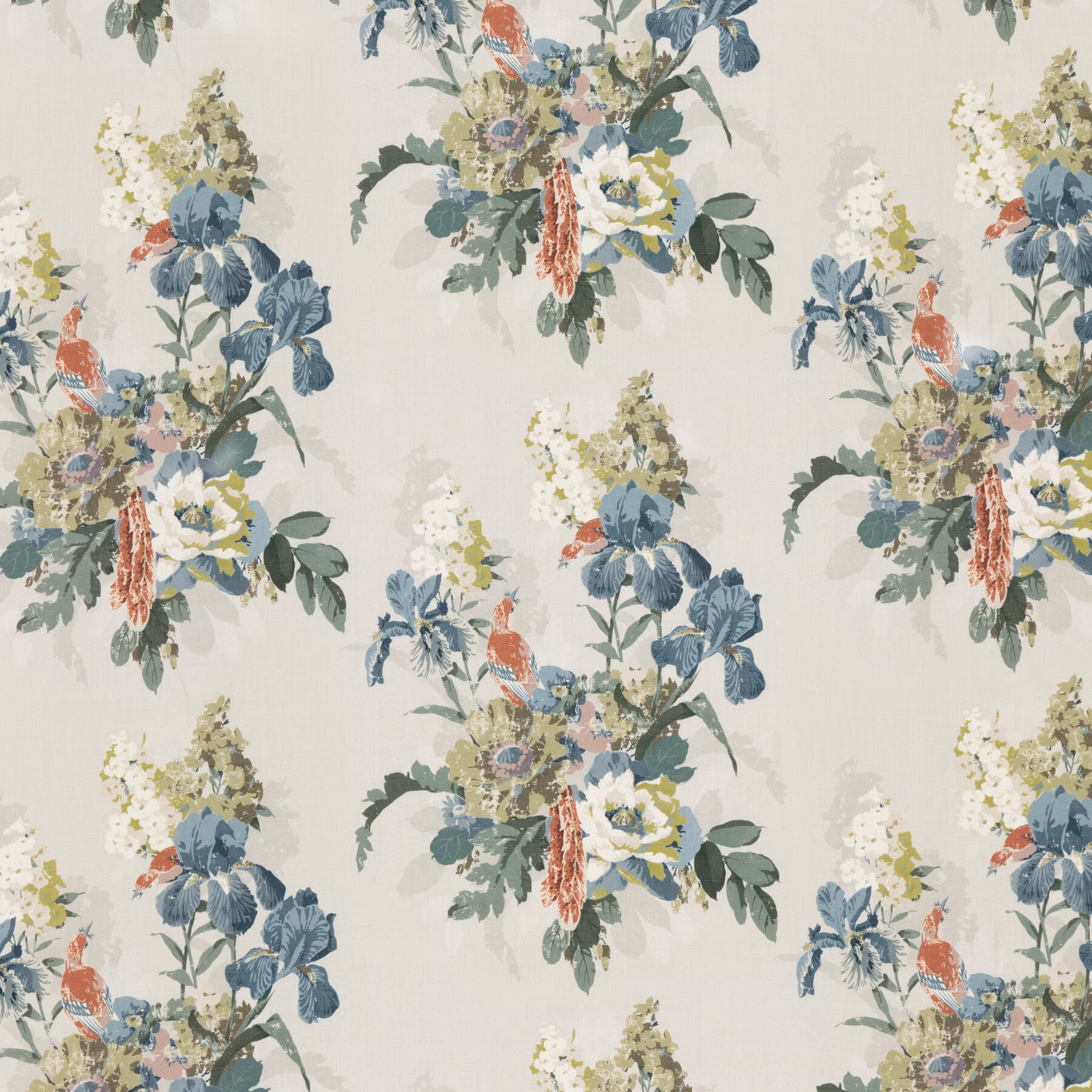 Indigo blue iris bouquets with coral birds on a pale linen ground
