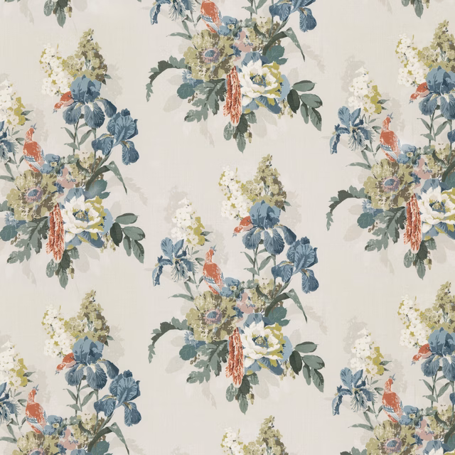 Indigo blue iris bouquets with coral birds on a pale linen ground