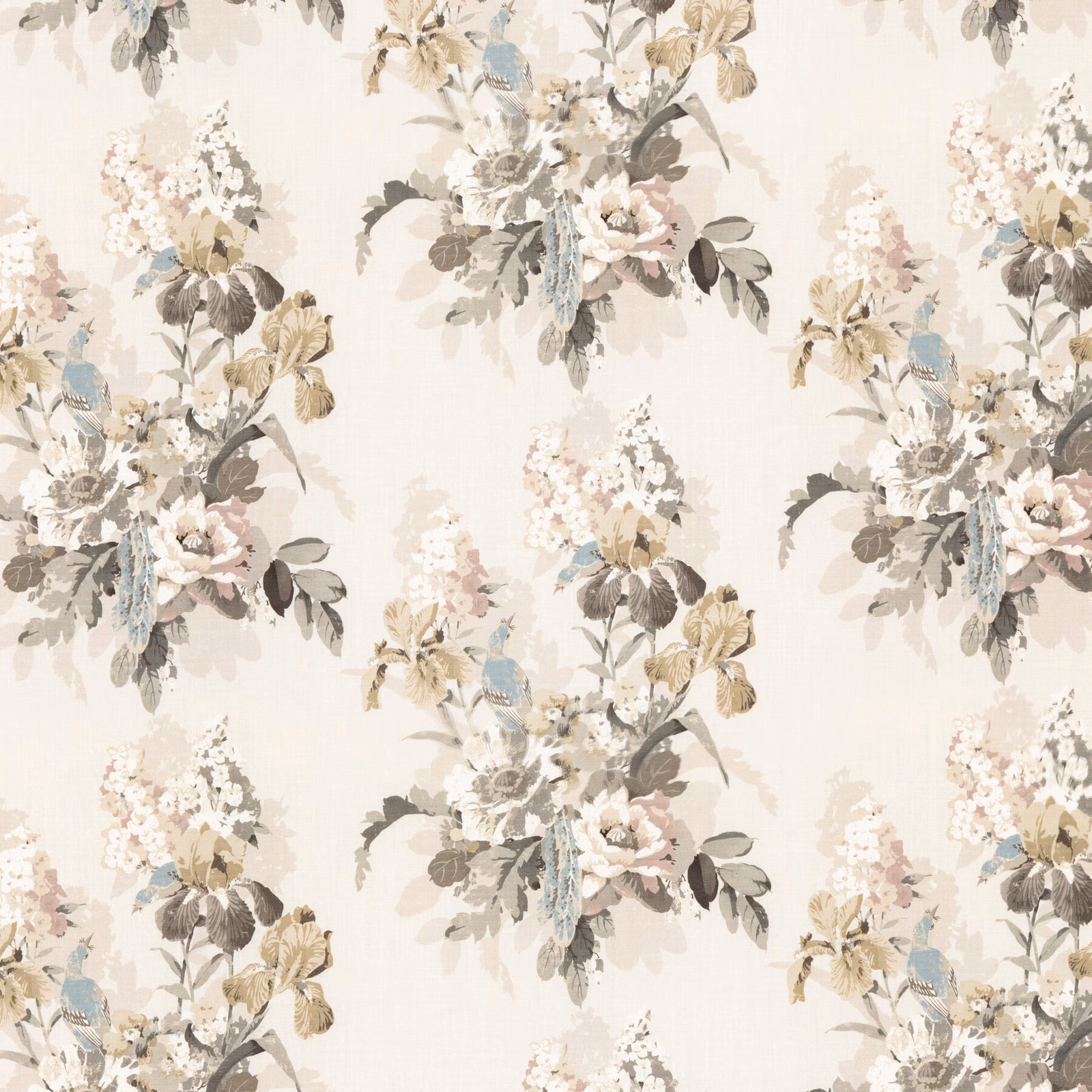 Ivory linen floral with mole foliage, blush blooms and tiny blue birds