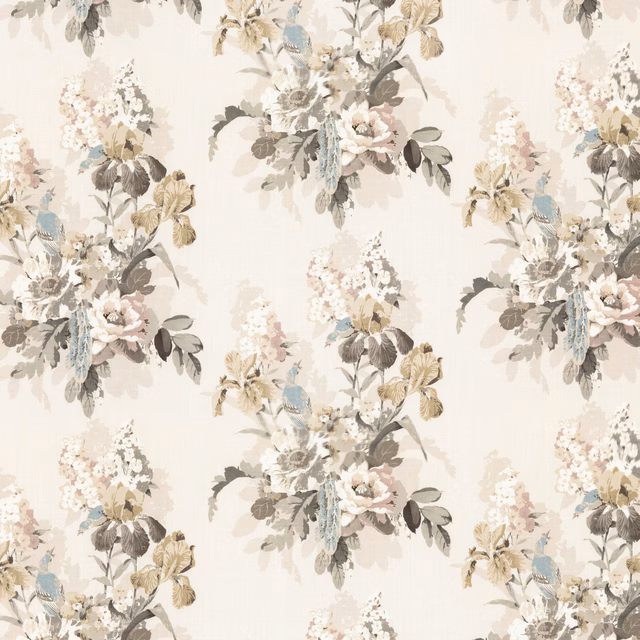 Ivory linen floral with mole foliage, blush blooms and tiny blue birds