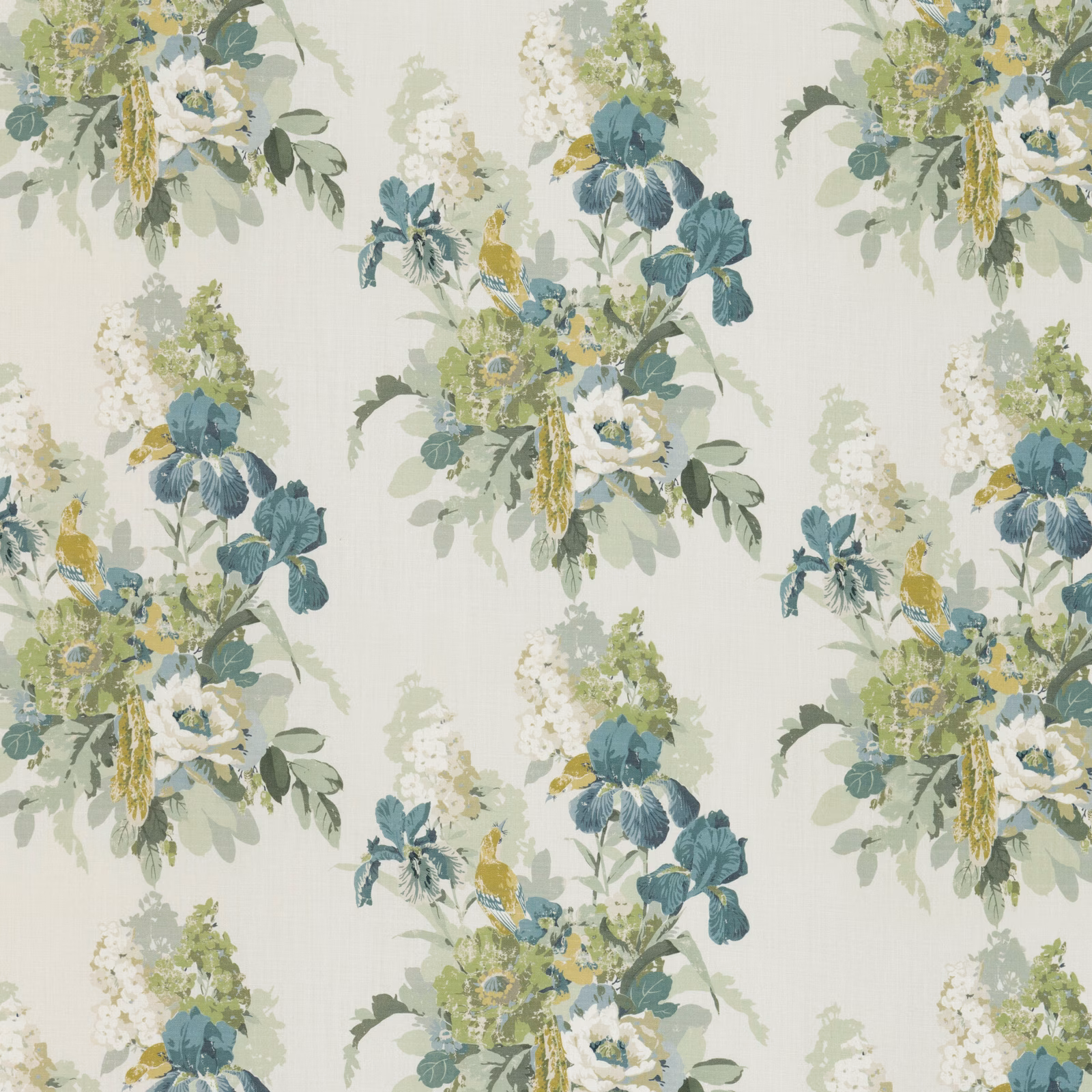 Soft teal linen with painterly iris bouquets, creamy flowers and sage foliage