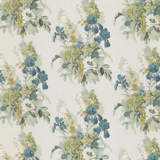 Soft teal linen with painterly iris bouquets, creamy flowers and sage foliage
