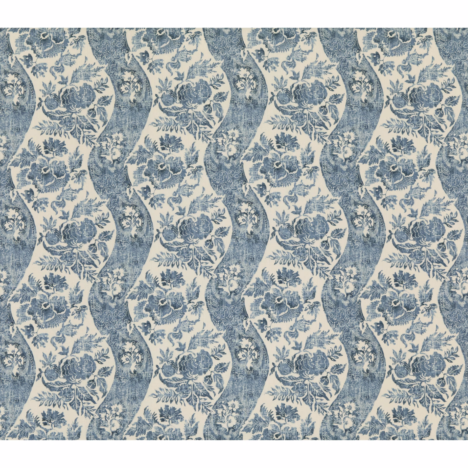 Indigo and ivory linen with repeating botanical bouquets in wavy vertical panels