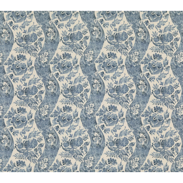 Indigo and ivory linen with repeating botanical bouquets in wavy vertical panels
