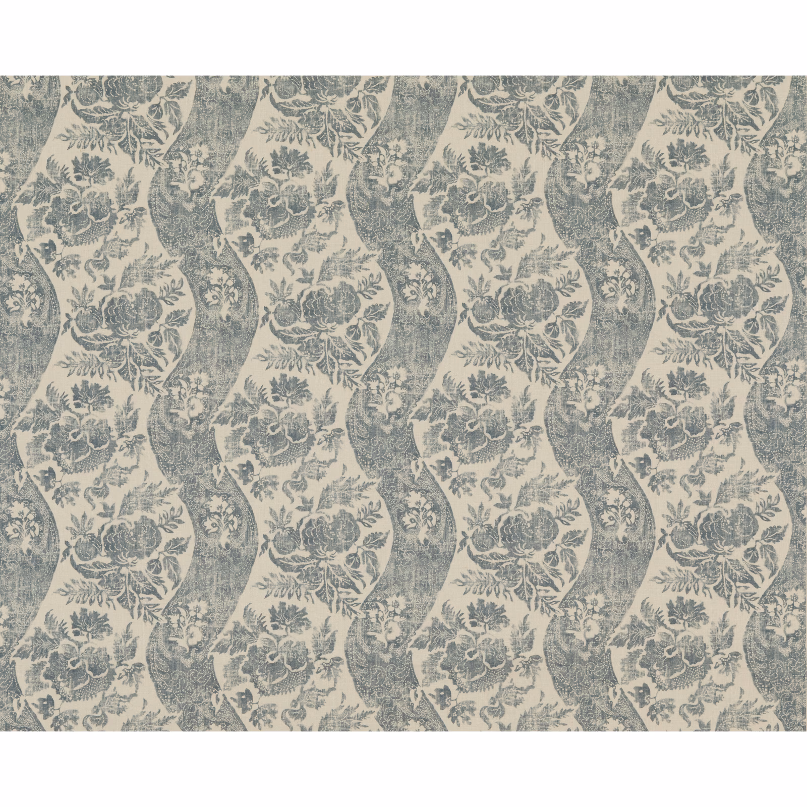 Soft blue-grey linen with cream floral bouquets in undulating vertical bands