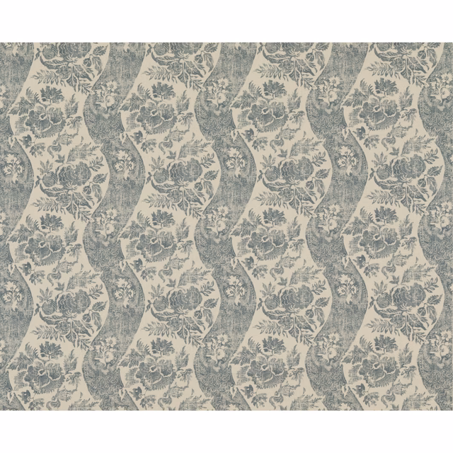 Soft blue-grey linen with cream floral bouquets in undulating vertical bands