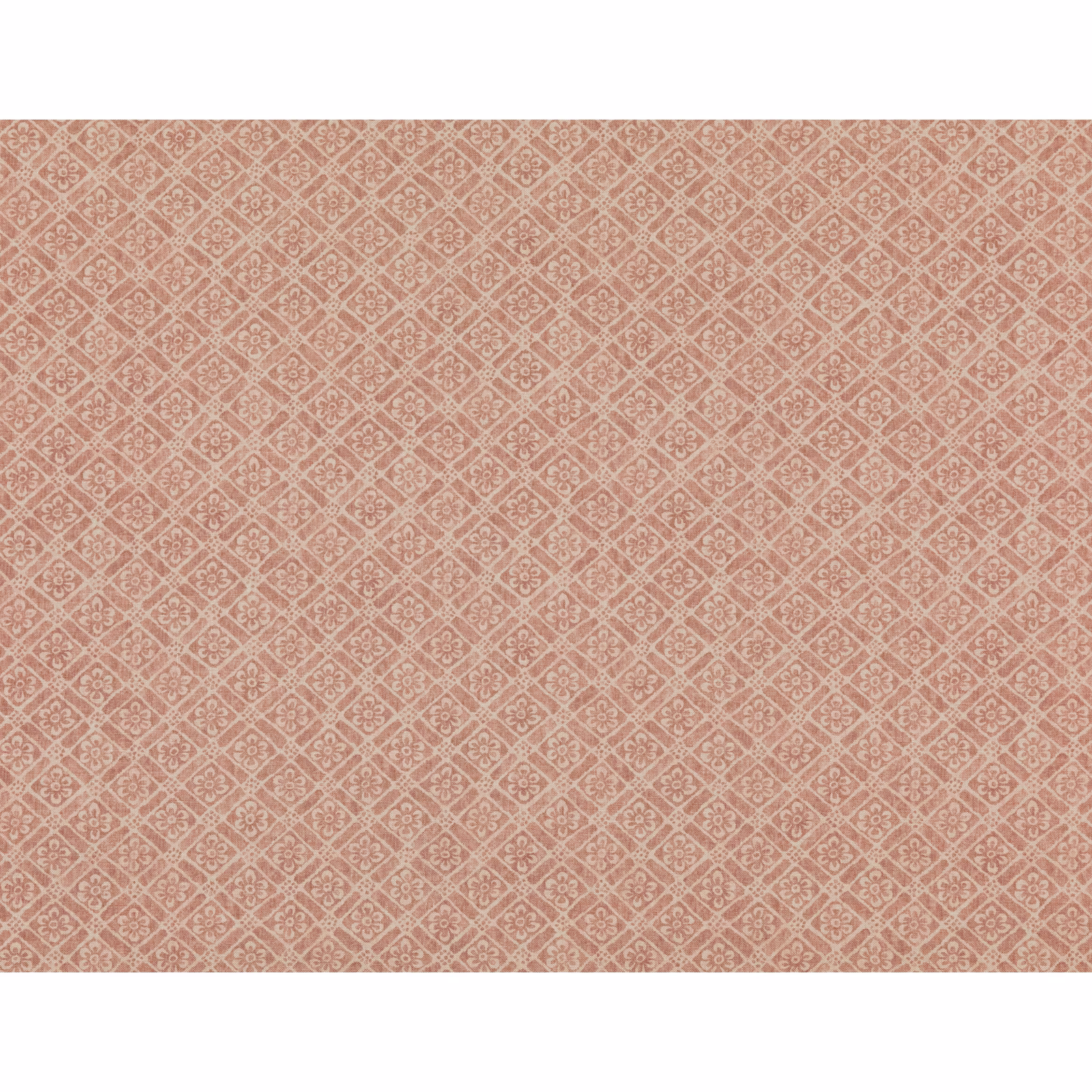 Dusty spice terracotta fabric with a small cream diamond trellis and ornamental motifs