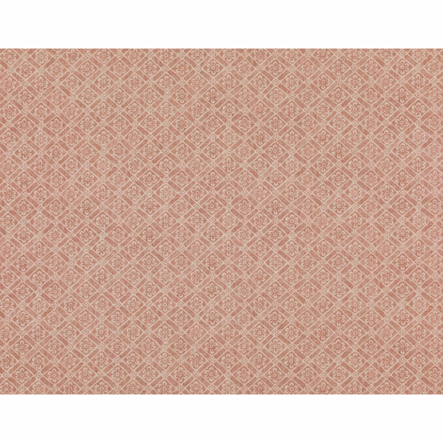 Dusty spice terracotta fabric with a small cream diamond trellis and ornamental motifs