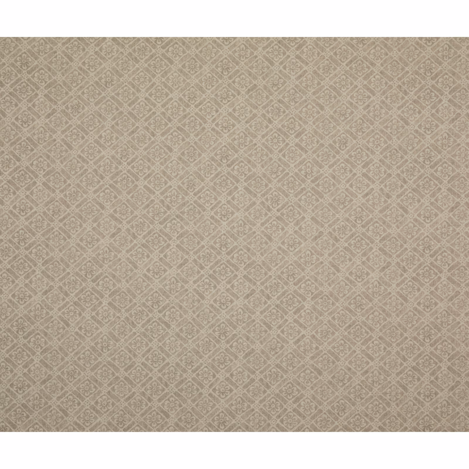 Muted stone-taupe fabric with pale small-scale trellis diamonds and softly mottled texture