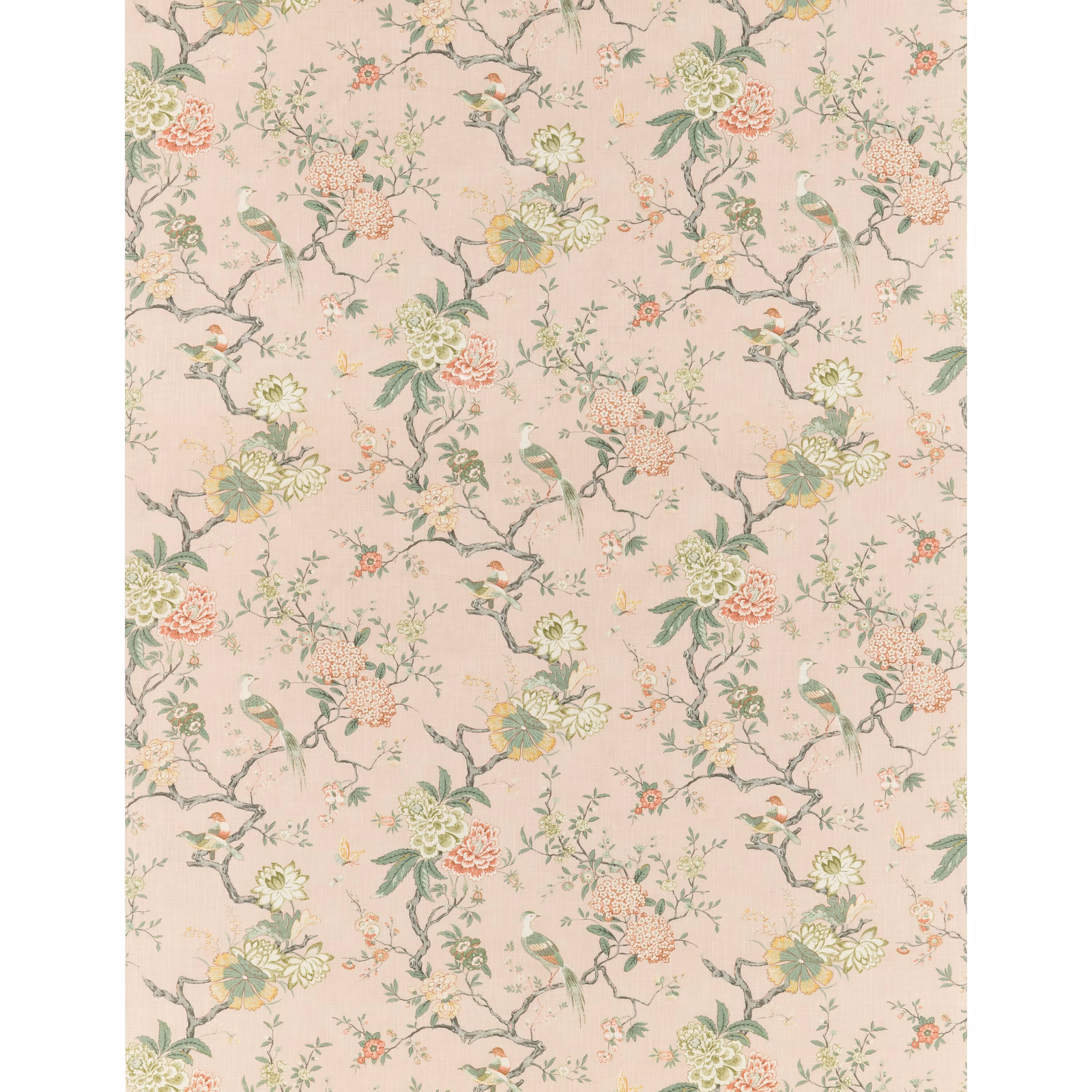 Blush ground with sage branches, coral flowers, yellow blooms and perched birds