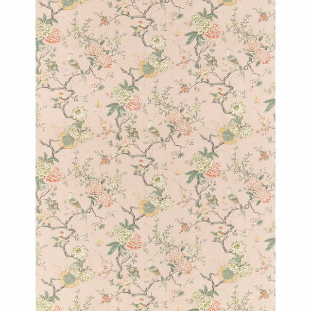 Blush ground with sage branches, coral flowers, yellow blooms and perched birds