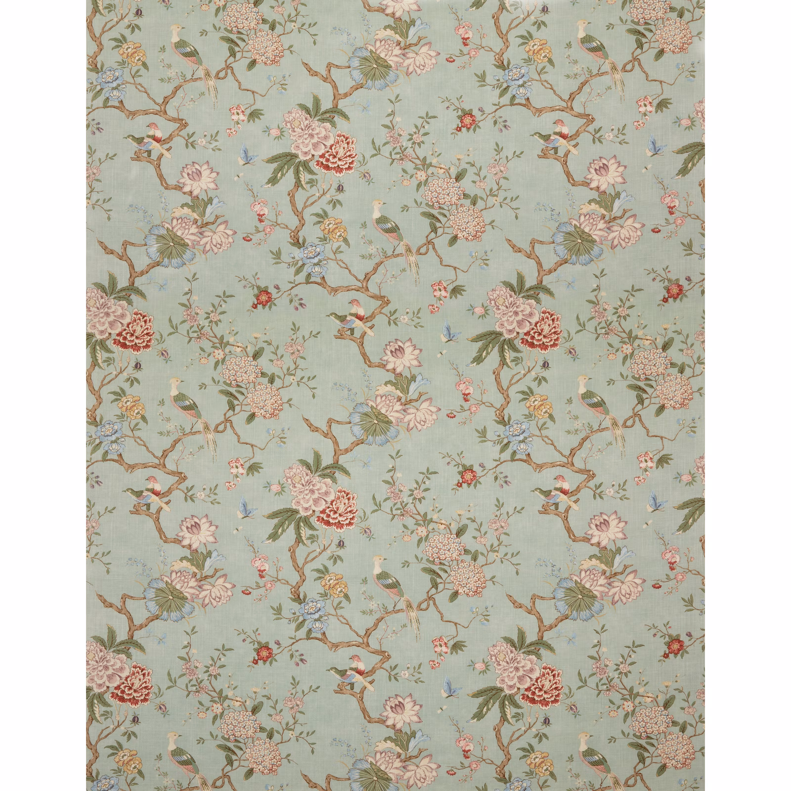 Pale eau de nil fabric with perched birds, blossom sprays and brown branches