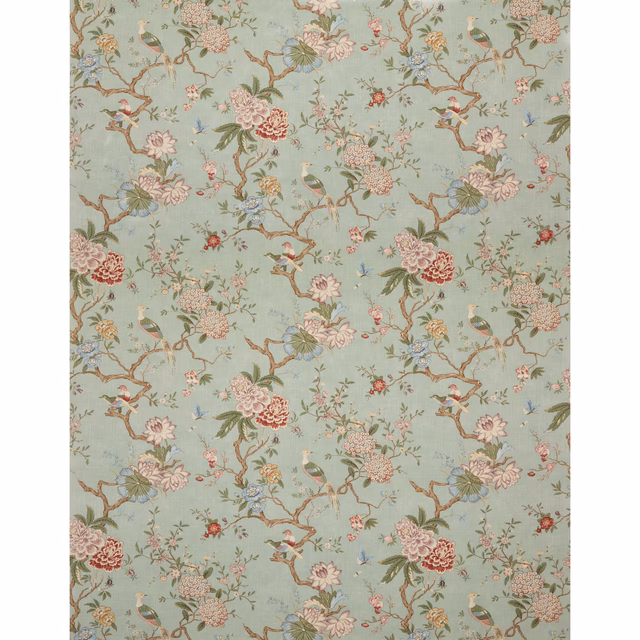 Pale eau de nil fabric with perched birds, blossom sprays and brown branches