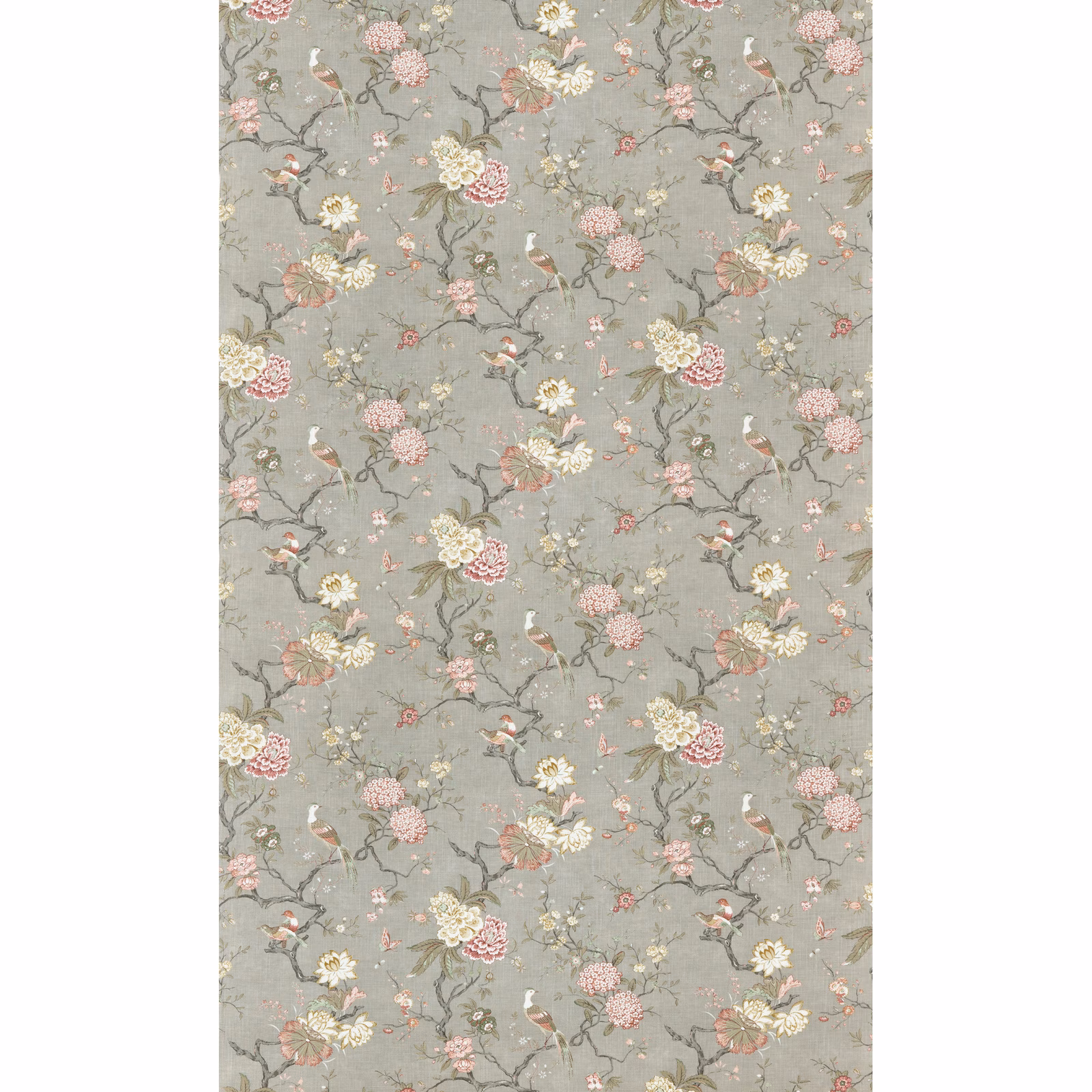 Mole-grey fabric with pink flowers, ivory blooms, winding branches and perched birds
