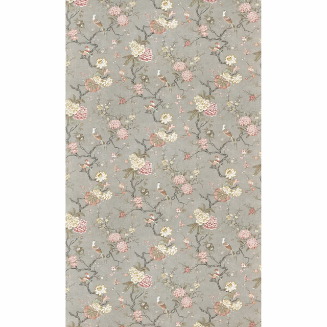 Mole-grey fabric with pink flowers, ivory blooms, winding branches and perched birds