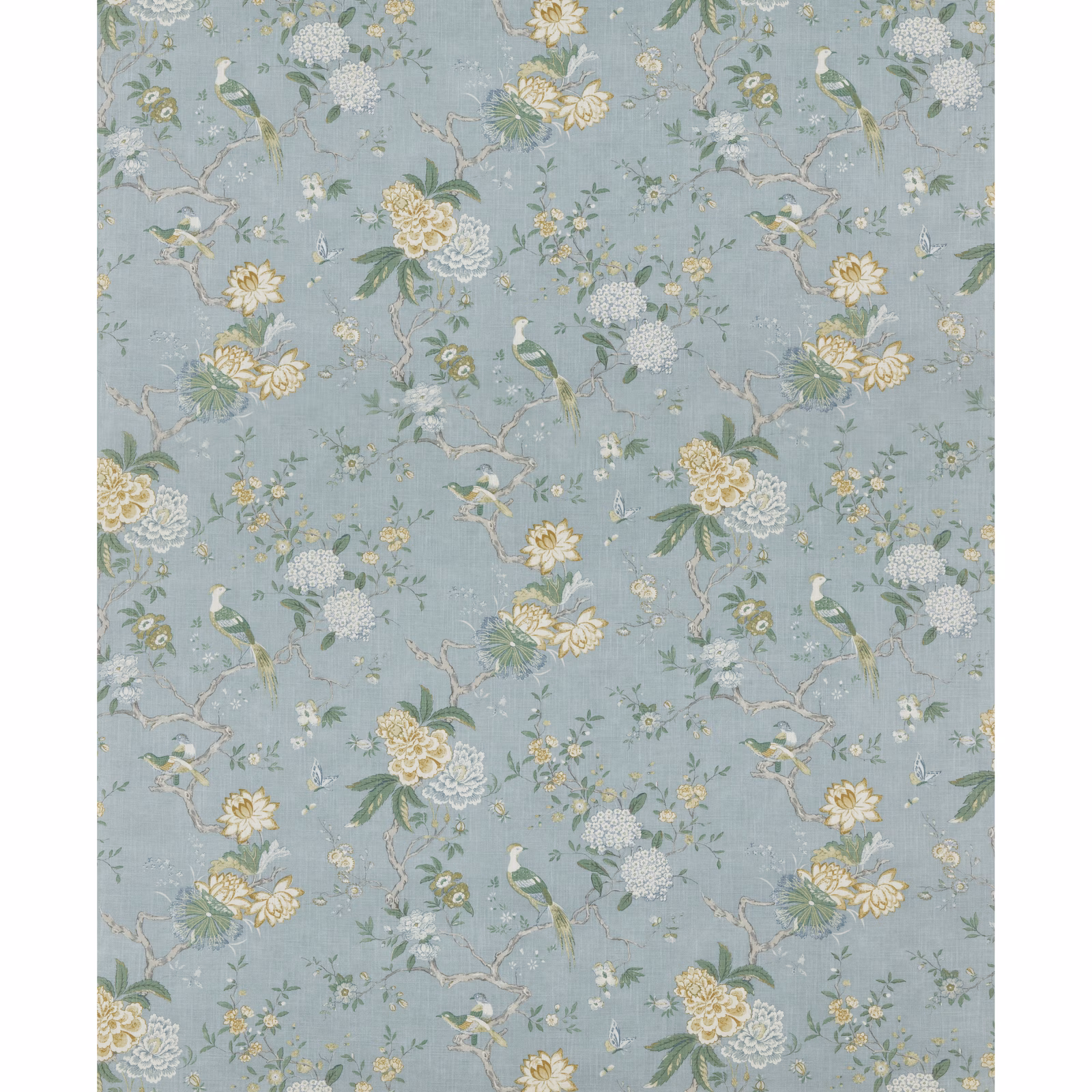 Soft blue fabric with sage leaves, ivory flowers, branching stems and perched birds